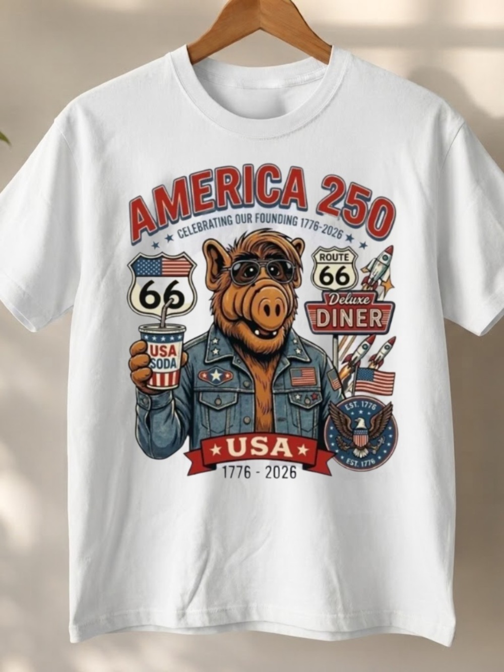 America 250 ALF USA Patriotic Graphic Tee Route 66 Shirt 20216